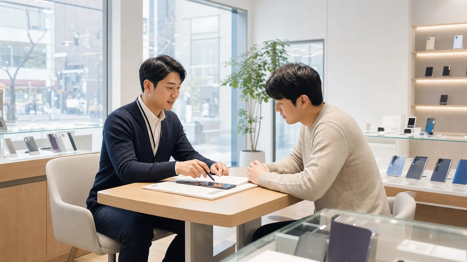 협력 개통점에서 담당 기사와 고객이 직접 만나 상담하는 모습